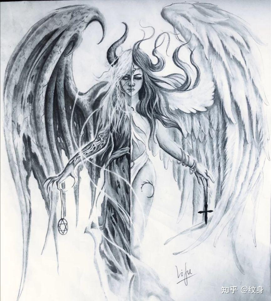 半天使半恶魔纹身手稿图片