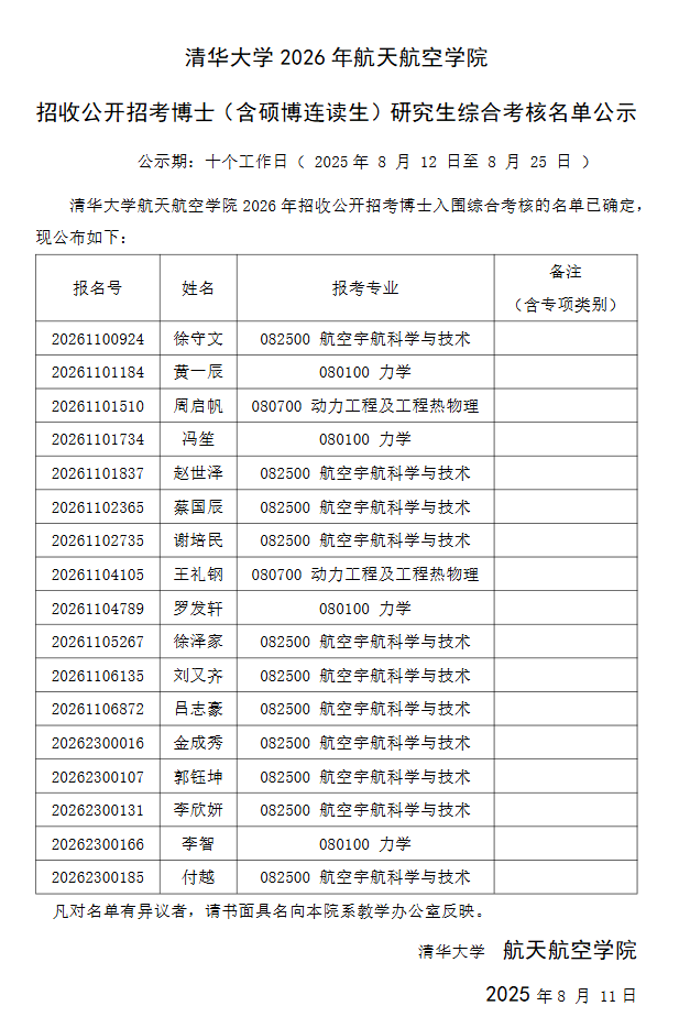 清华大学2026年航天航空学院招收公开招考博士(含硕博连读生)研究生综合考核名单公示 - 知乎