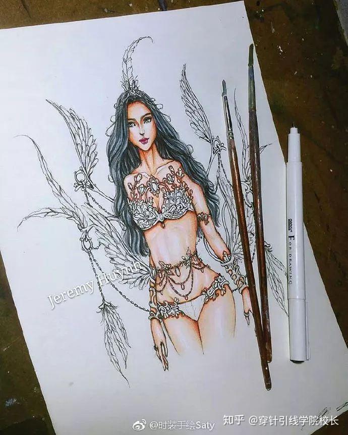 时装手绘维多利亚的秘密手绘线稿精致工艺细节