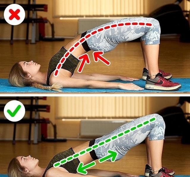 1. 桥式错误：背弓起来。这样是练到你的下背而不是屁股。正确：膝盖弯曲