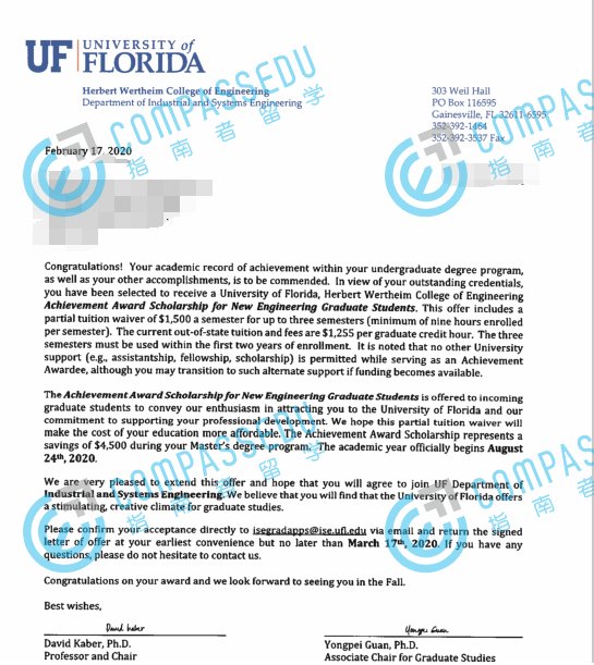 佛罗里达大学工业与系统工程工程硕士offer一枚