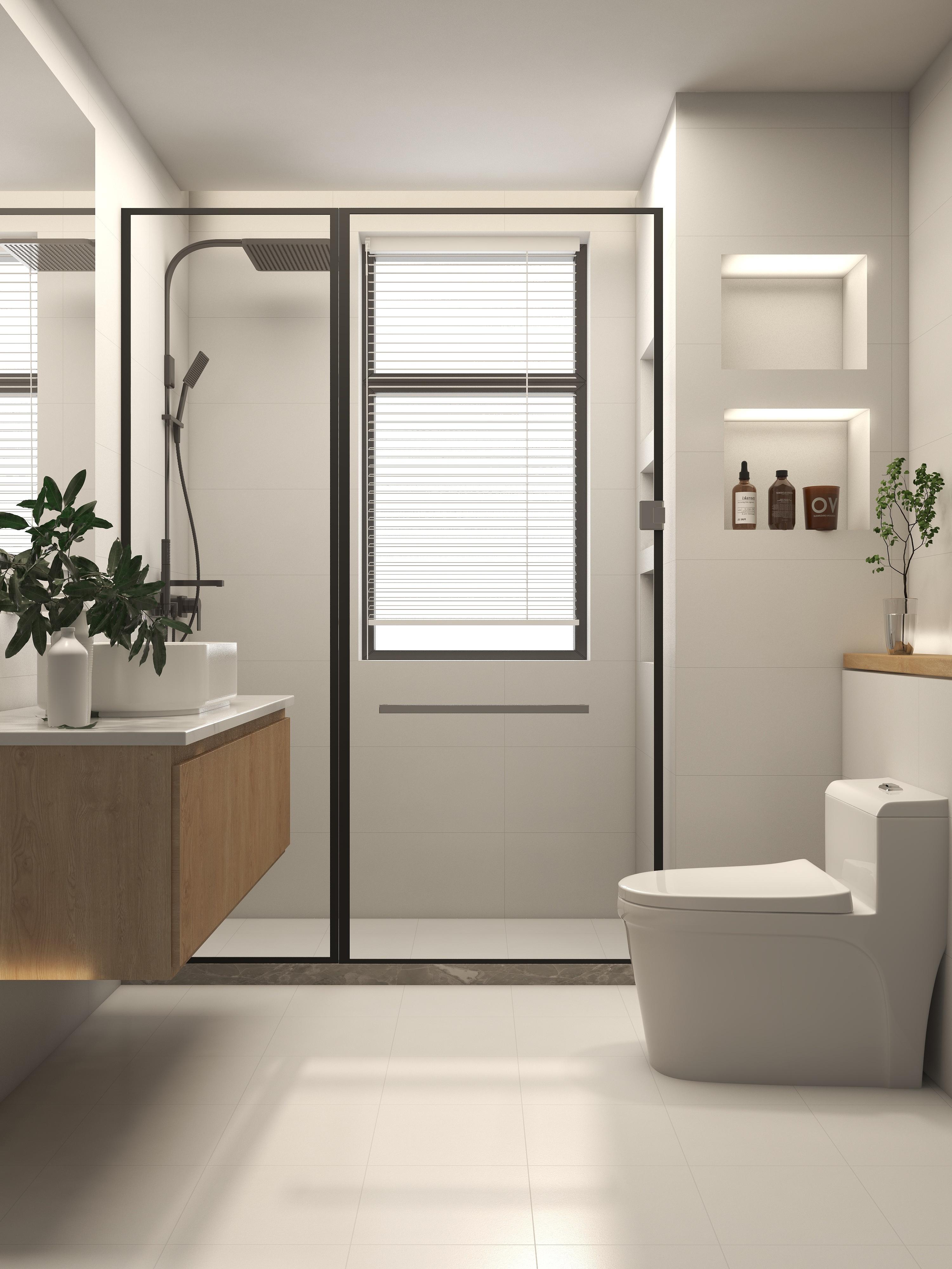 卫生间:客厅地砖用750x1500浅灰色的微水泥瓷砖,铺大规格瓷砖的缝隙更