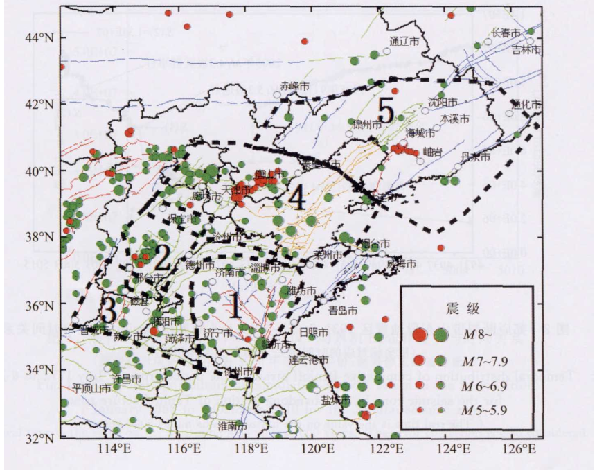 其中山東境內主要為 1 郯廬地震帶山東段 和 3 中的菏澤地震區.
