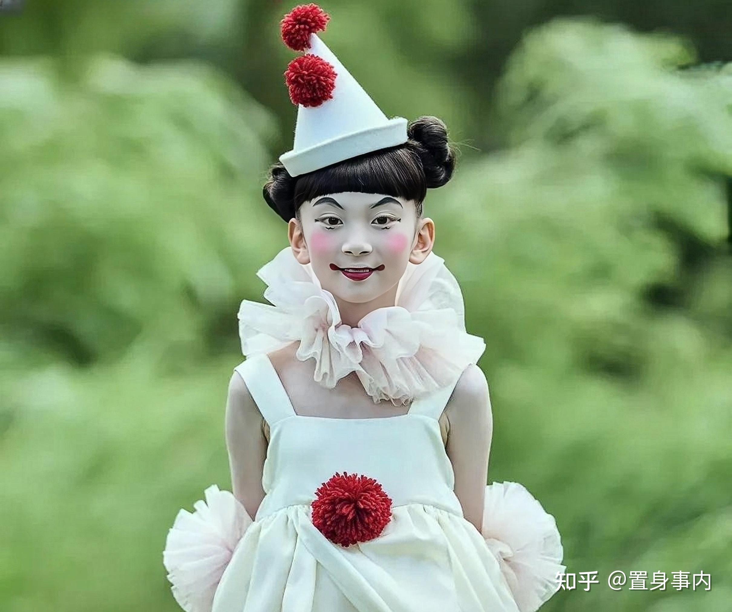 海报中的小女孩面带微笑,脸上画着奇怪的西方小丑妆,而海报中也没有用