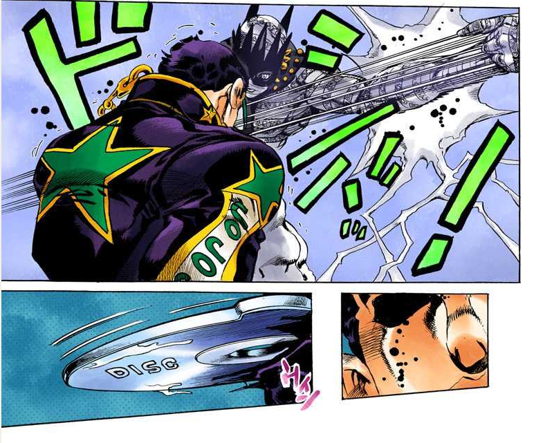 我们从第五部中的时停中截出一帧,可以看到以白金之星的手指为中点