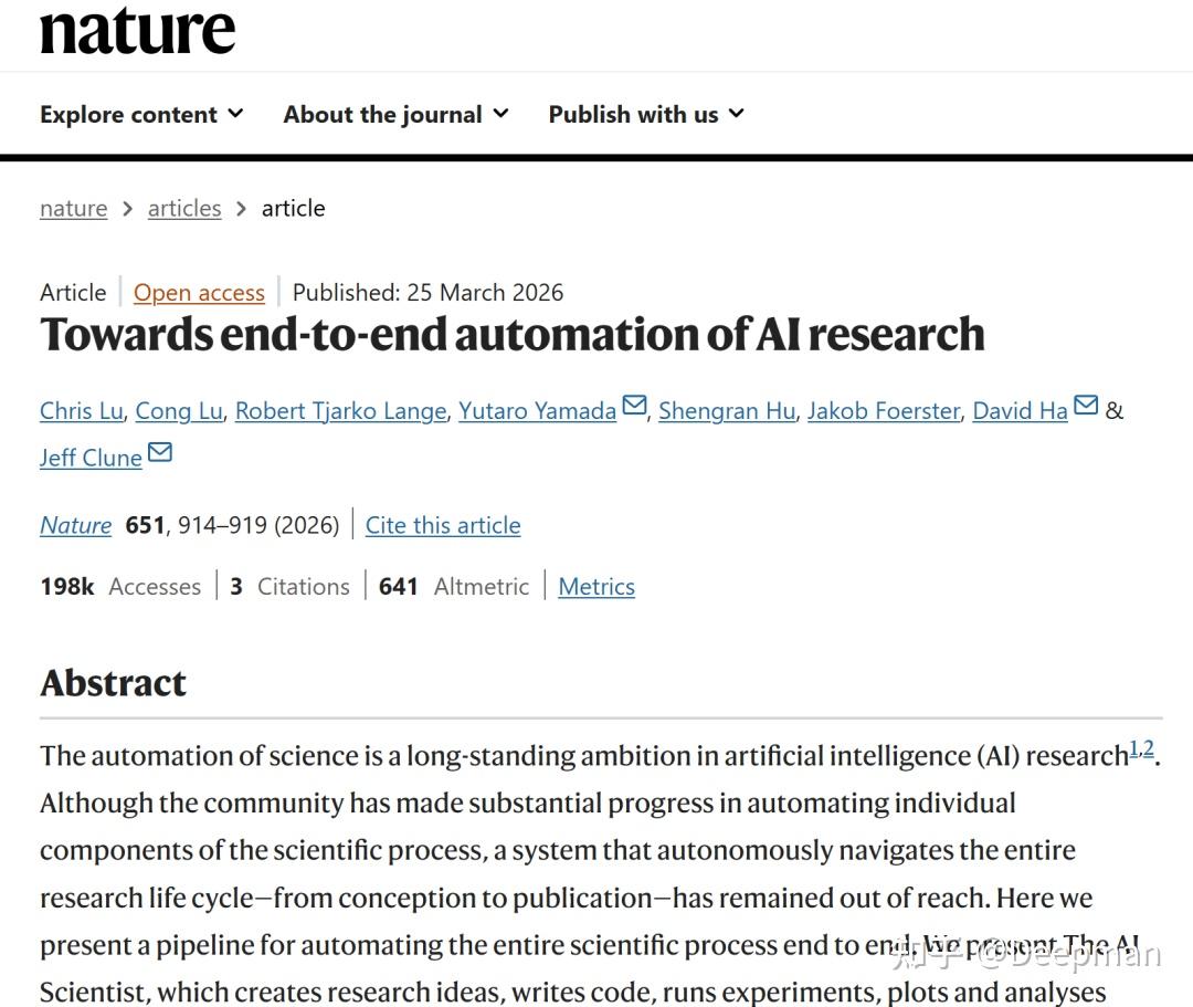 78. AI+Science论文 | Nature 2026 | AI科学家诞生：从构思到论文发表，全程无需人类插手 - 知乎