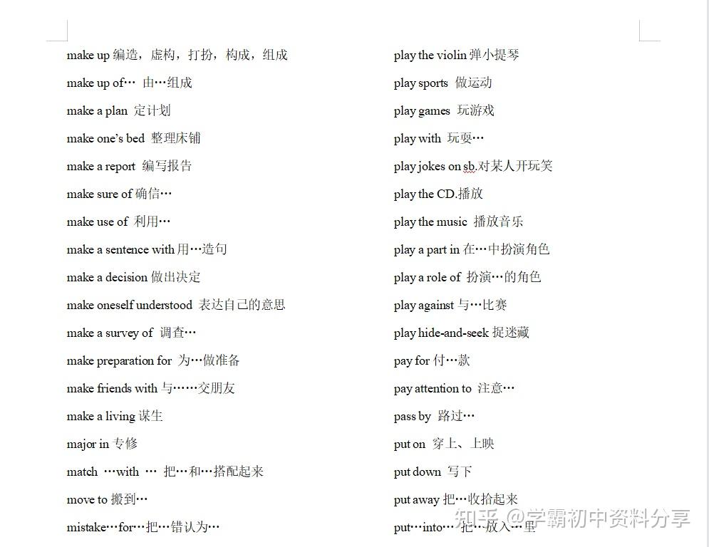 英语老师 初中英语动词搭配+固定短语 涨分能量包 - 知乎