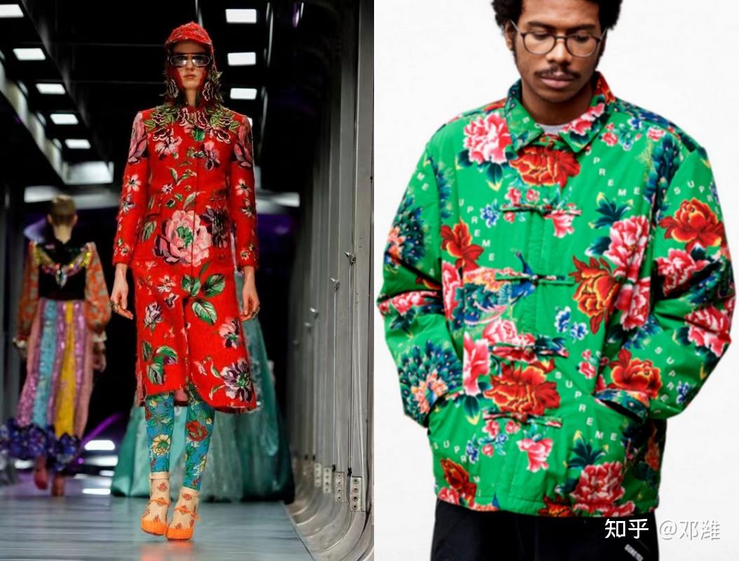 gucci(左)和街头潮牌supreme(右)也get了东北风精髓,大牡丹图案,高