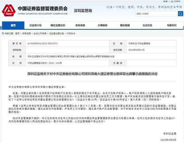 深圳证监局对中天证券一营业部发警示函：员工行为管理等存不足