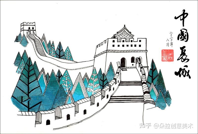 素材创意儿童线描画世界著名建筑