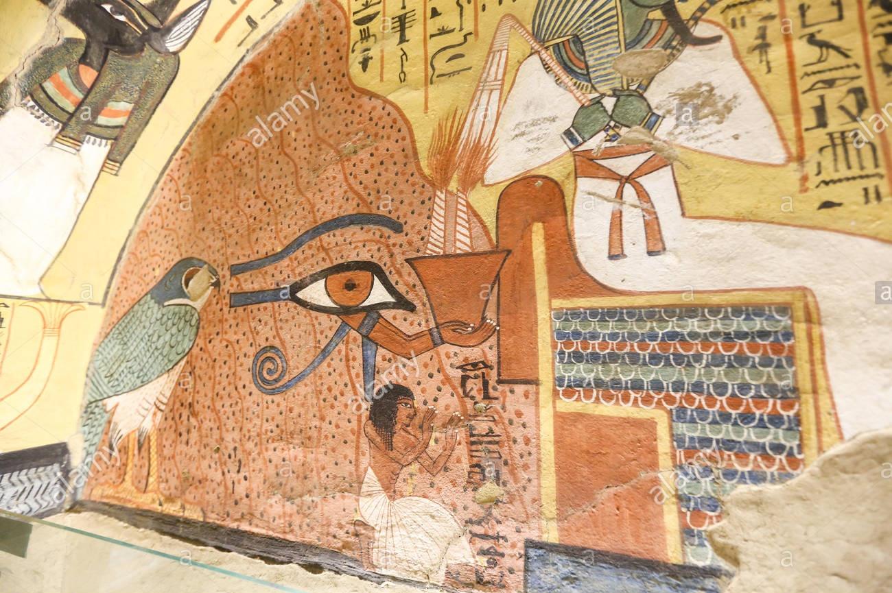 墓(tt3)-壁画12-3:冥王座后跪着墓主;左侧西方之山,荷鲁斯之眼献一盏