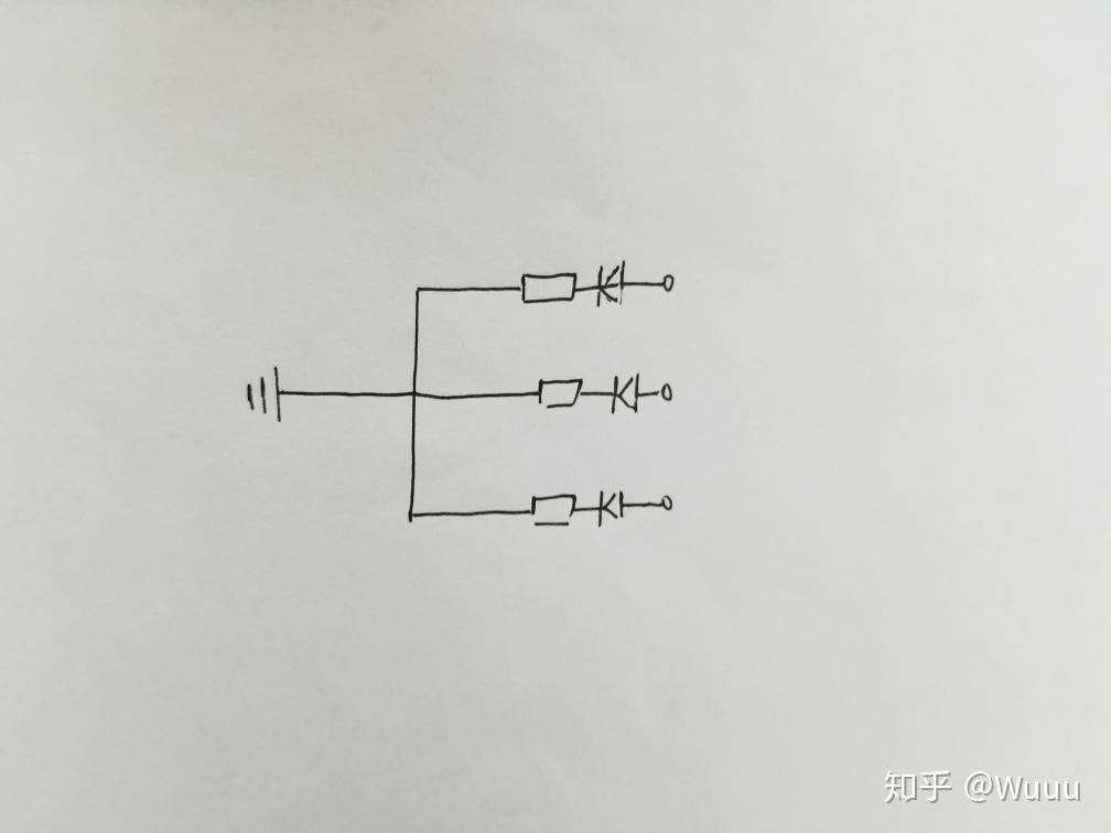 如图所示,发光二极管的阴极统一接gnd,阳极留出接线口.