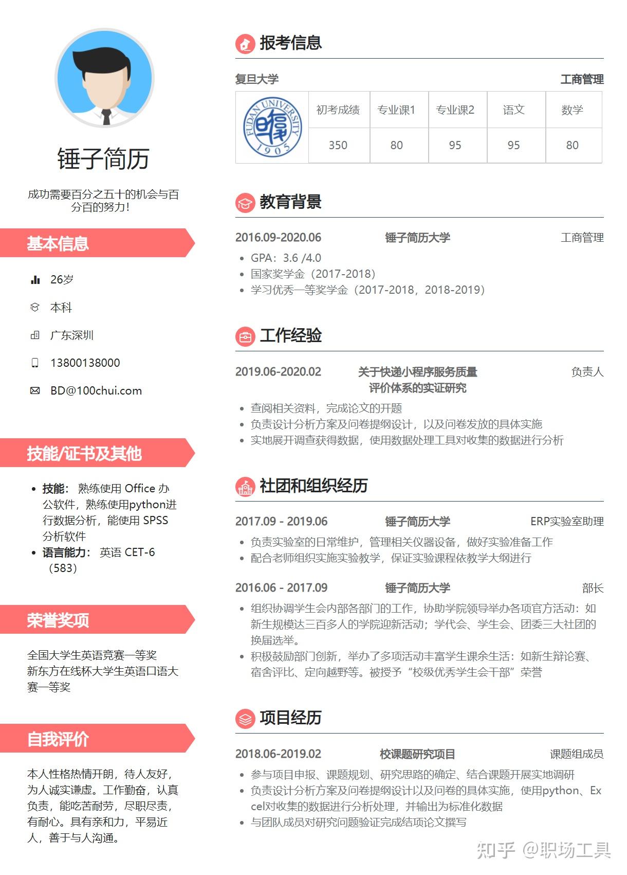 簡歷模板下載,適合2022考研複試使用,可在複試過程中和導師郵件中使用