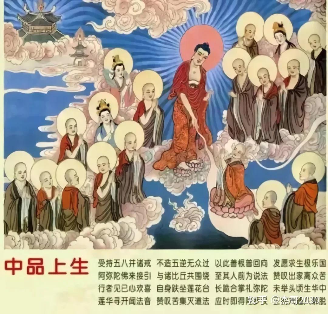 往生接引:阿弥陀佛,及观世音,大势至,与诸菩萨,持金莲华,化作五百佛