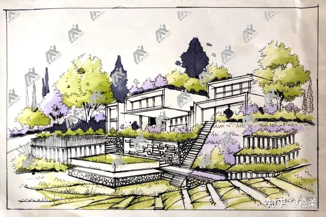 运用干枯一点的黑色马克笔,给景观小品扫一变颜色,增加了景观小品的