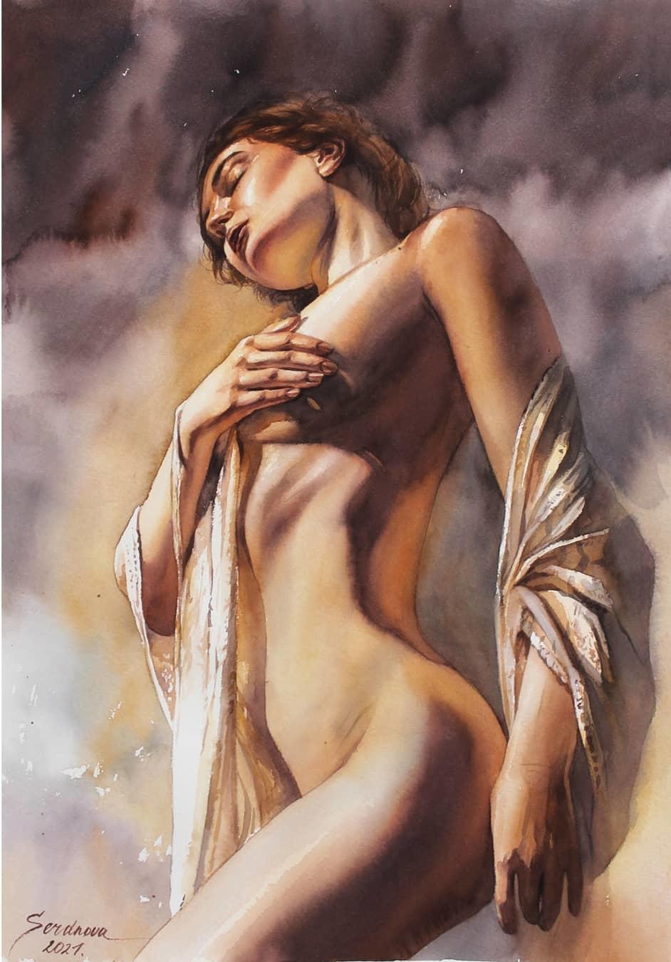 酷爱水彩人体的美女画家:塞尔德诺娃