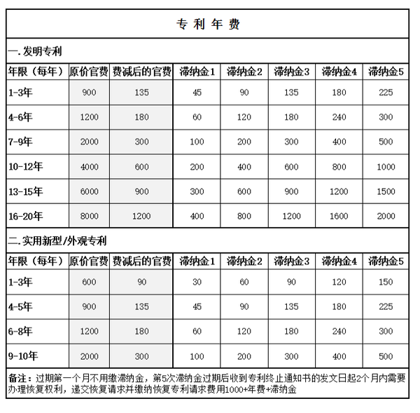 专利年费详情一览表，费用减缓和年费滞纳金情况表