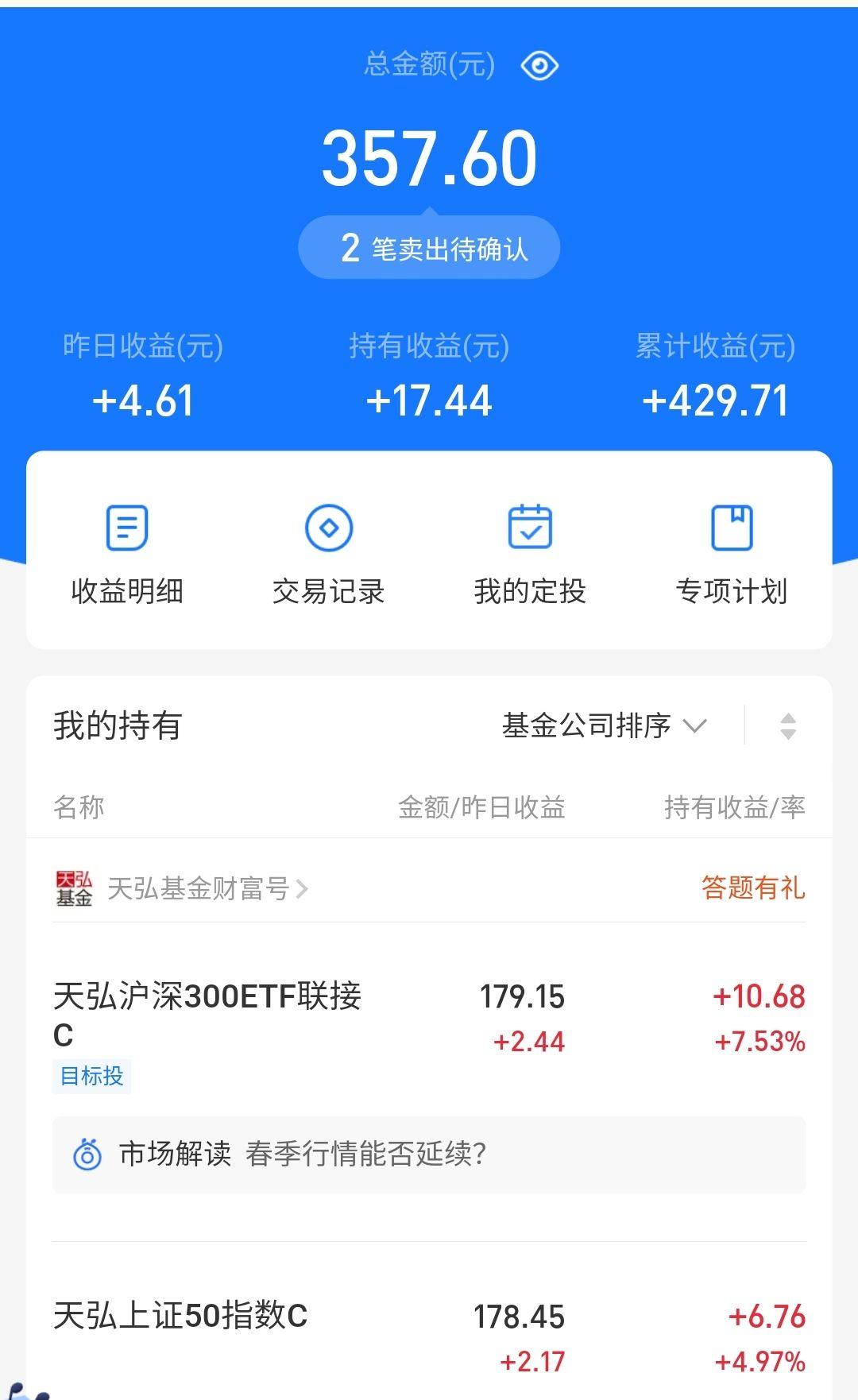 持仓上证50指数基金和沪深300指数基金,仓位不足十分之一,目前盈利17