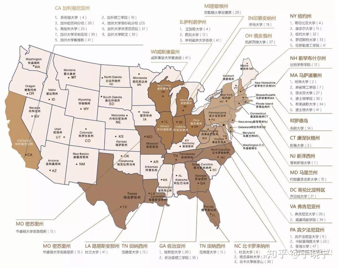 美国前10名校分布图图片