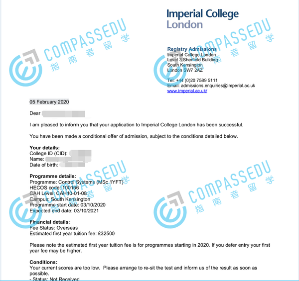 帝国理工学院控制系统理学硕士研究生offer一枚