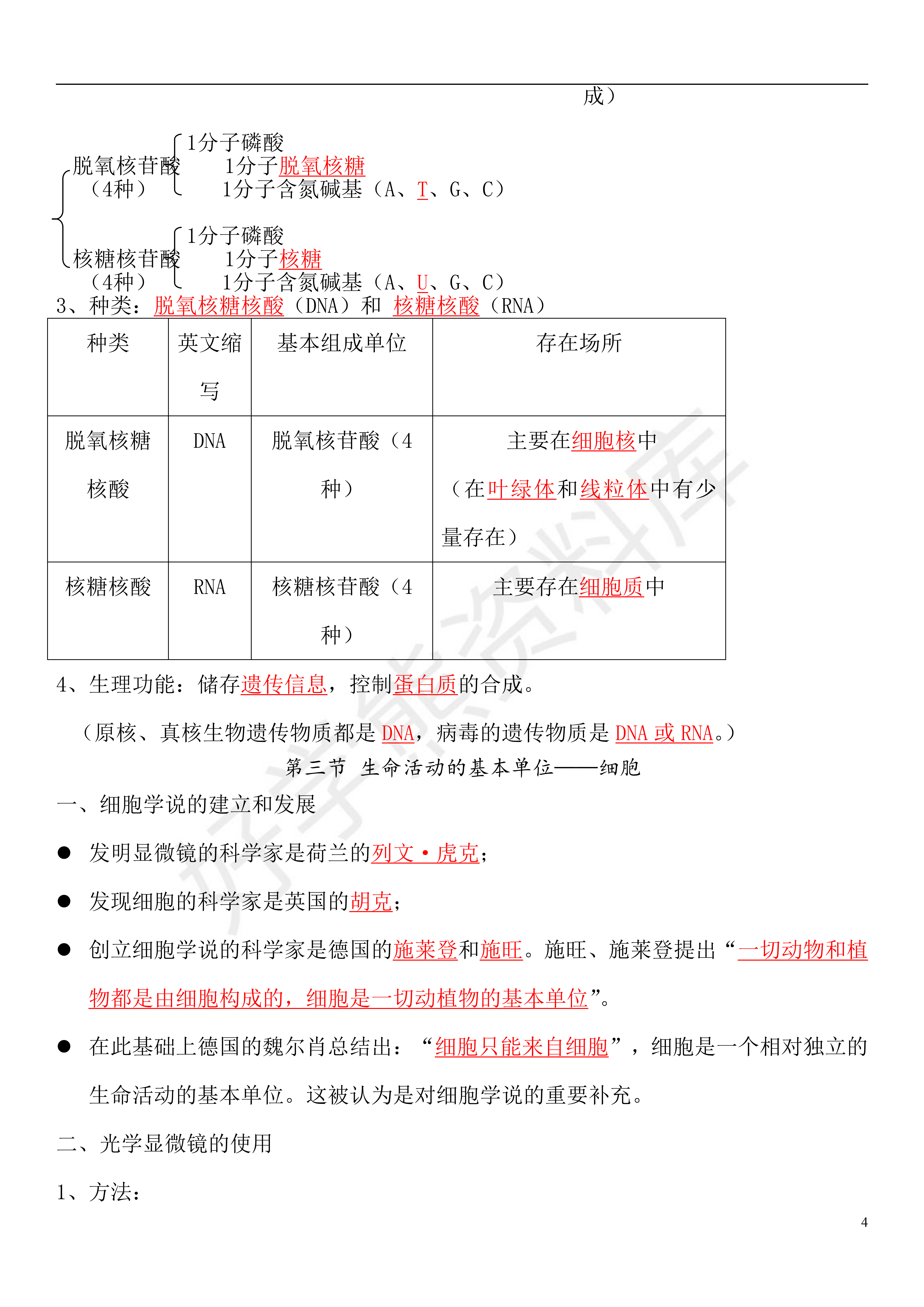 暑假预习高中生物必修一知识点总结