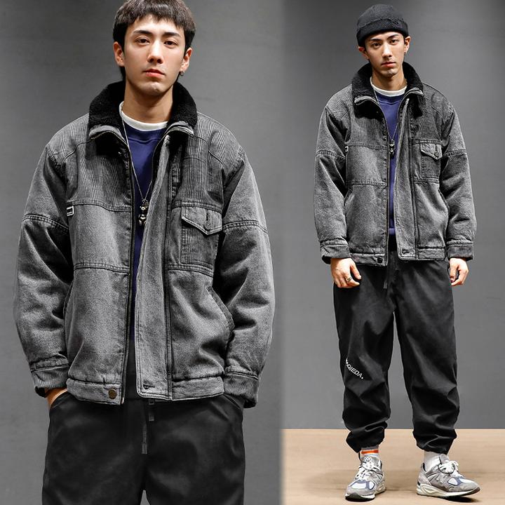 马切达冬季羊羔毛牛仔棉服外套2019新款冬装男士棉袄工