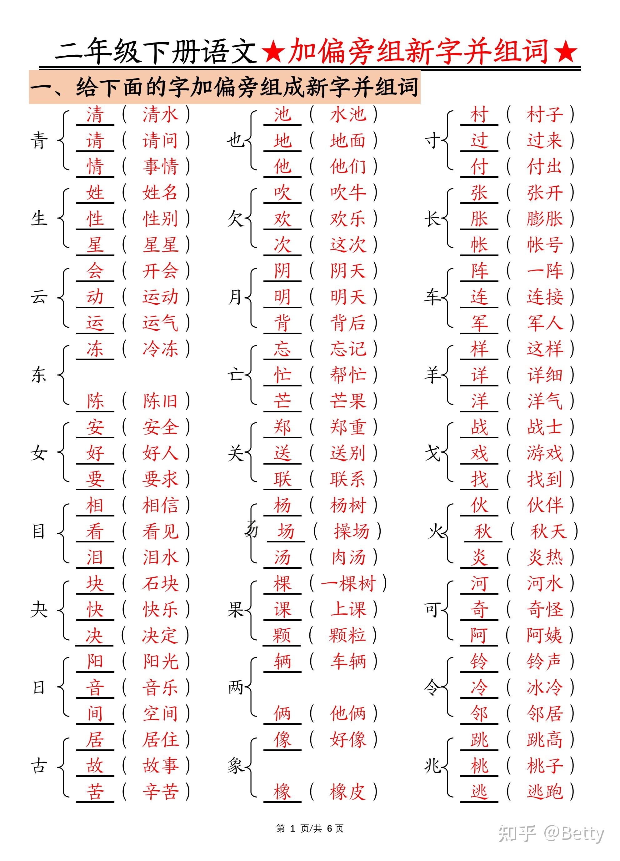 二年级下册语文加偏旁部首组新字并组词