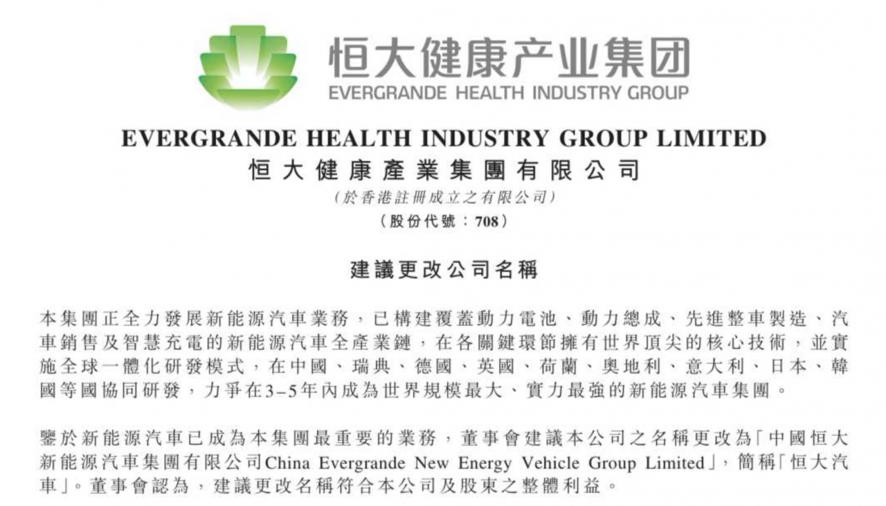 恒大健康更名恒大汽车,全面对标特斯拉?
