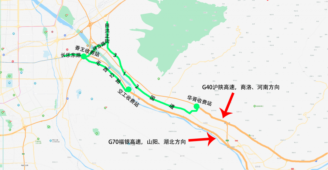 分流线路11:西商高速(g40)可通过华胥收费站,312国道,210国道(西韩路)
