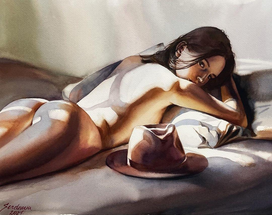 酷爱水彩人体的美女画家:塞尔德诺娃