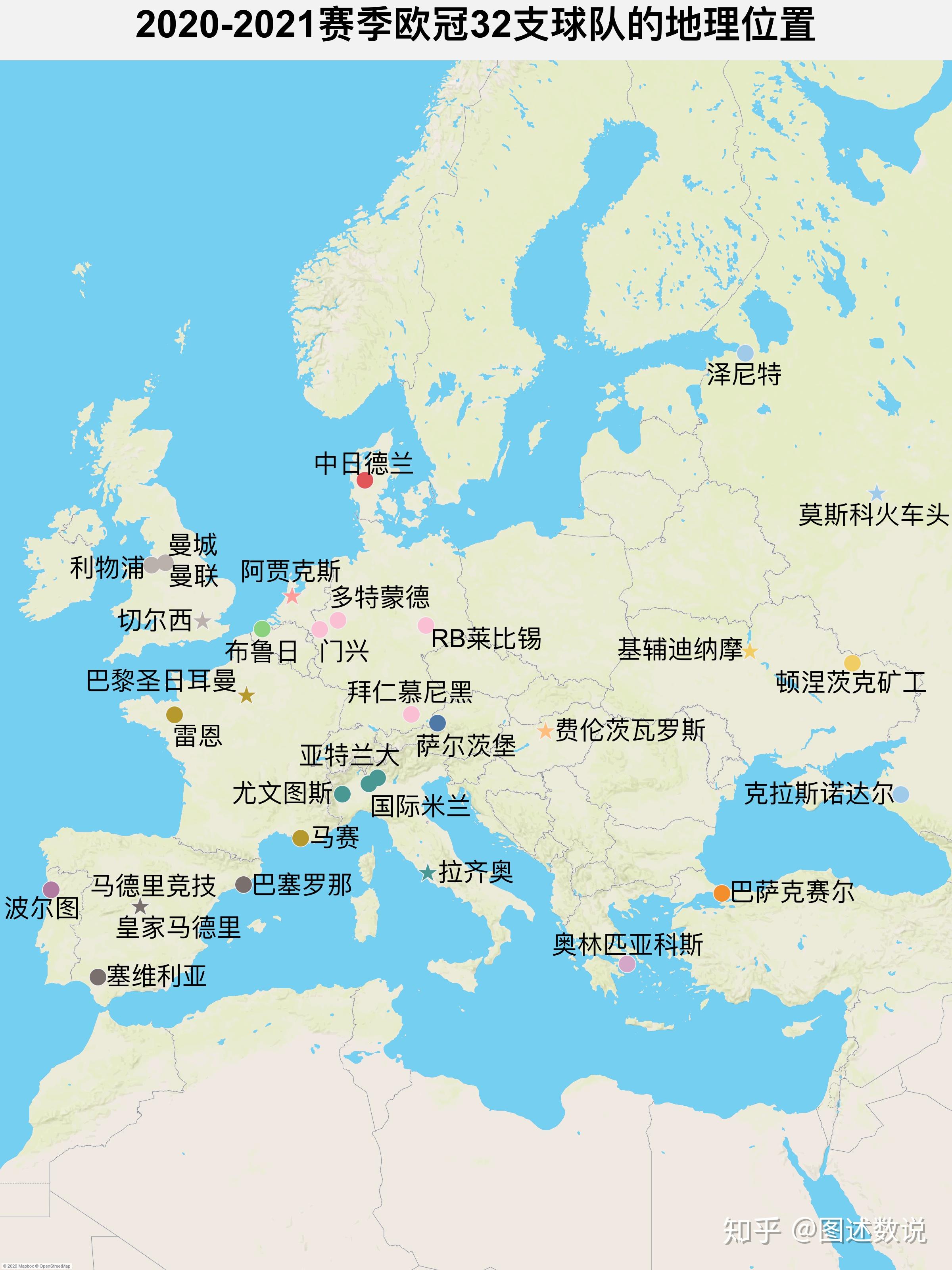球队使用同样的颜色标注,下文将分地区为大家详细介绍各队的地理位置